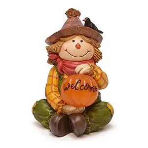 Scarecrow with LED Welcome Pumpkin Tabletop Figurine, 10 Inch, Fall Harvest Decor, Halloween Centerpiece, Rustic Autumn Home Accent, Battery Operated LED Light