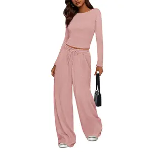 PrettyGarden Women's 2 Piece Lounge Sets Fall Fashion Long Sleeve Crop Top Wide Leg Pants Matching Sets Clothing, Comfy Womenswear#FallFreshness