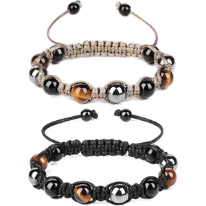 New Model  Triple Protection Bracelet,Genuine Tigers Eye Black Obsidian and Hematite Beads Bracelet for Men Women,Handmade Crystal Healing Bracelets Bring Luck and Prosperity and Happiness