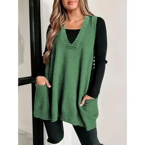 Plus Size Solid Pocketed Sweater Vest, Casual V-Neck Sleeveless Vest, Women’s Plus Size Clothing