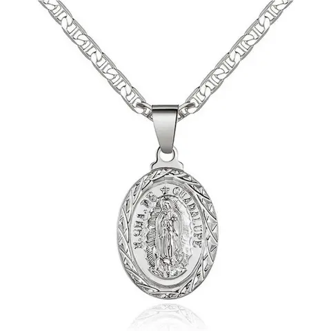 Unisex Non-Tarnish Gold-Plated Miraculous Medal Necklace, Stainless Steel Virgin Mary Oval Pendant with 24-in Wheat Chain, Includes Pendent, Everyday Wear Spiritual Jewelry Gift