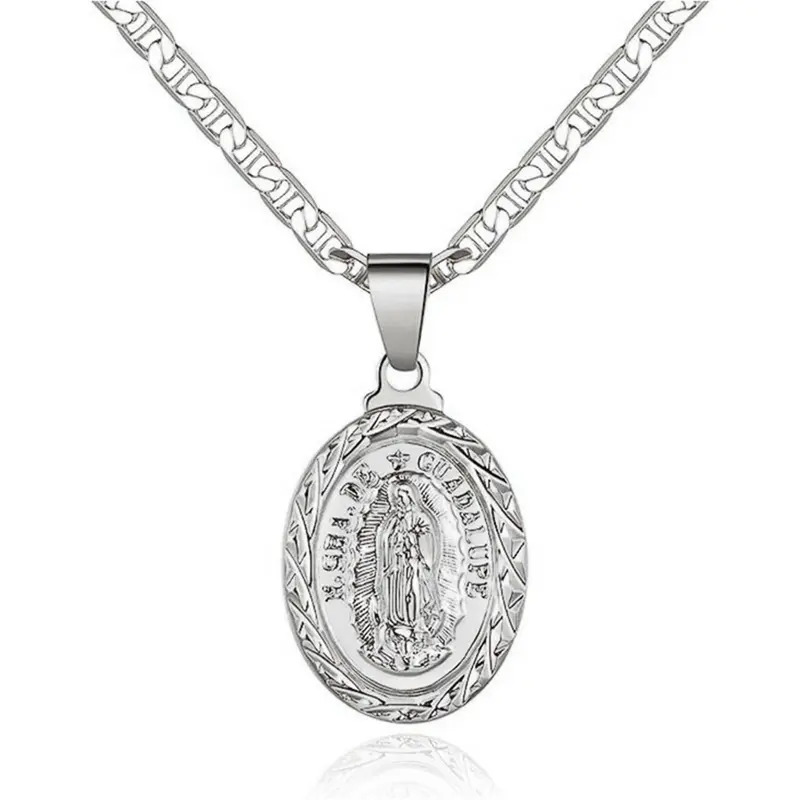 Unisex Non-Tarnish Gold-Plated Miraculous Medal Necklace, Stainless Steel Virgin Mary Oval Pendant with 24-in Wheat Chain, Includes Pendent, Everyday Wear Spiritual Jewelry Gift