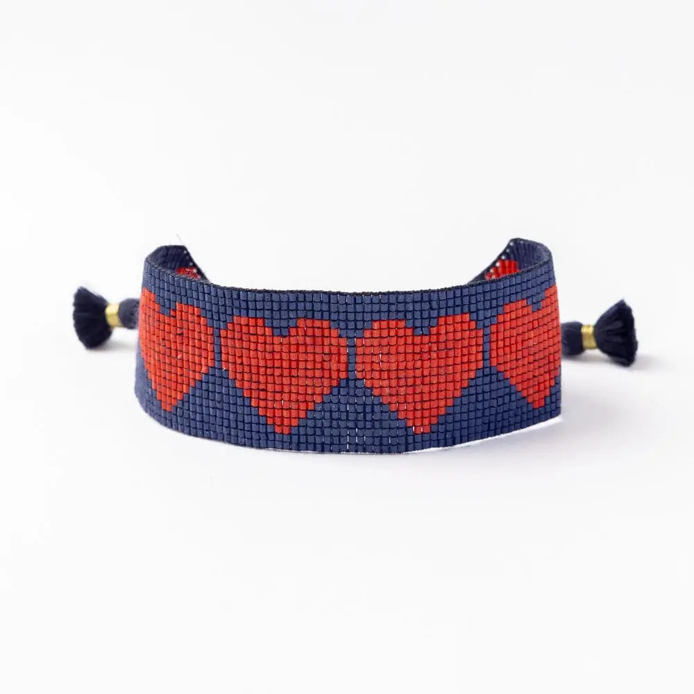 INK + ALLOY Erin Red Hearts Adjustable Beaded Bracelet Navy