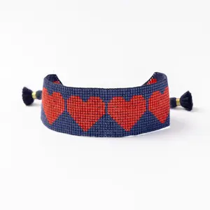 INK + ALLOY Erin Red Hearts Adjustable Beaded Bracelet Navy