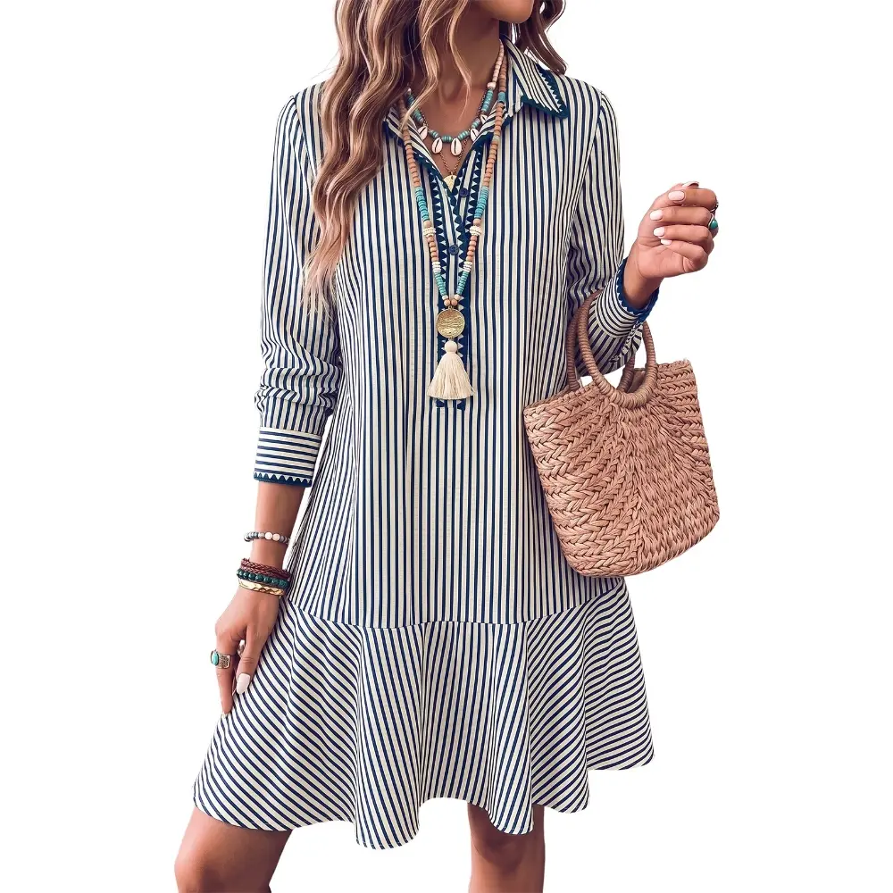 Dokotoo Women's Striped Mini Shirt Dress, V Neck Button Front Long Sleeve Dress, High Waist Pleated Embroidered Ruffle Hem Casual Dress for Fall, Vacation & Date Outfits Spring Fling Dresses Chic Casual Fit
