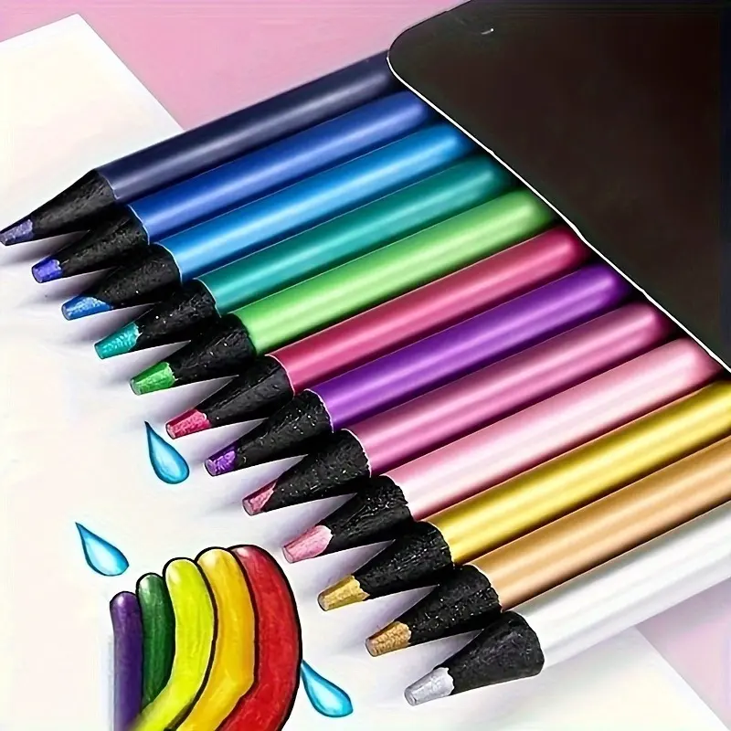 12pcs Shimmering Metallic Colored Pencil Set - High-Quality Art Supplies for Sketching & Drawing - Vivid, Blendable Colors Ideal for Artists - Coloring Pencils