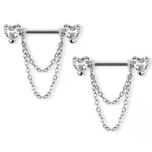 CZ Crystal Hearts with Double Dangling Chains Nipple Barbells, Sold as a Pair - 316L Stainless Steel