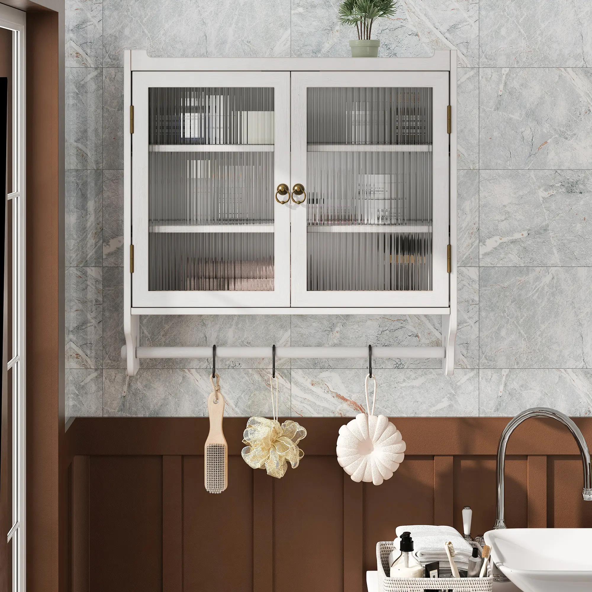 White Washed Vintage Glass Double-Door Wall Cabinet - 3-Tier Storage, Towel Rack Included - for Bathroom, Kitchen
