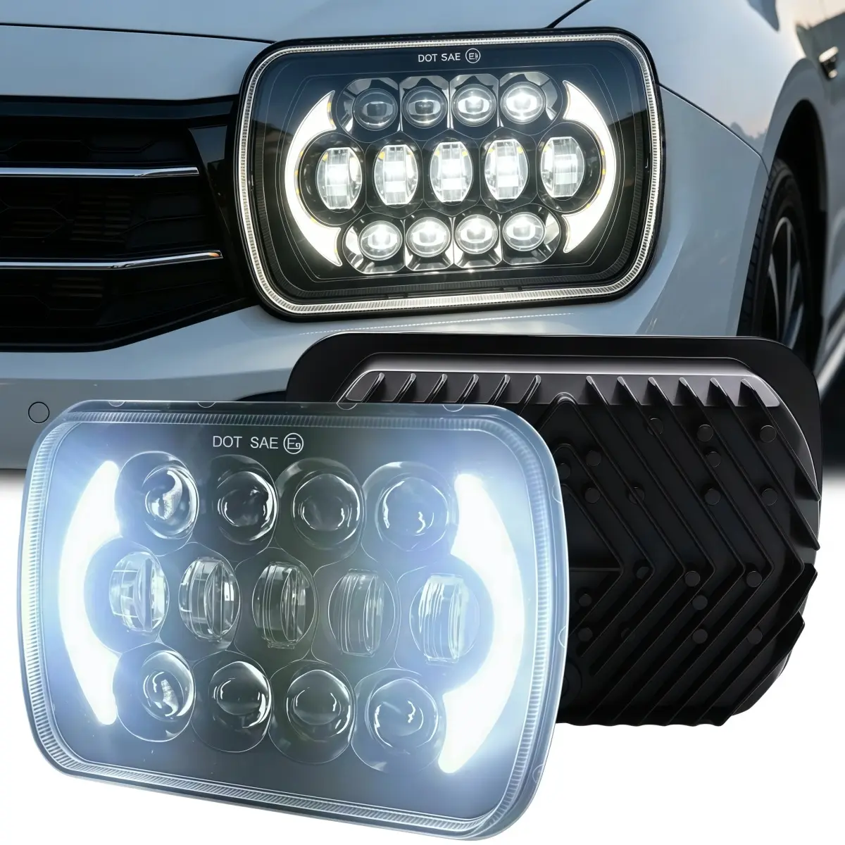120W Bright LED Headlights (H6054, 5x7/7x6), Angel Eyes, IP67 Waterproof Plug & Play Sealed Beam with Hi/Low Beam Turn Signal, DOT E-Marked for Jeep Cherokee XJ/Wrangler YJ, Ford Chevy GMC Vans Pickups