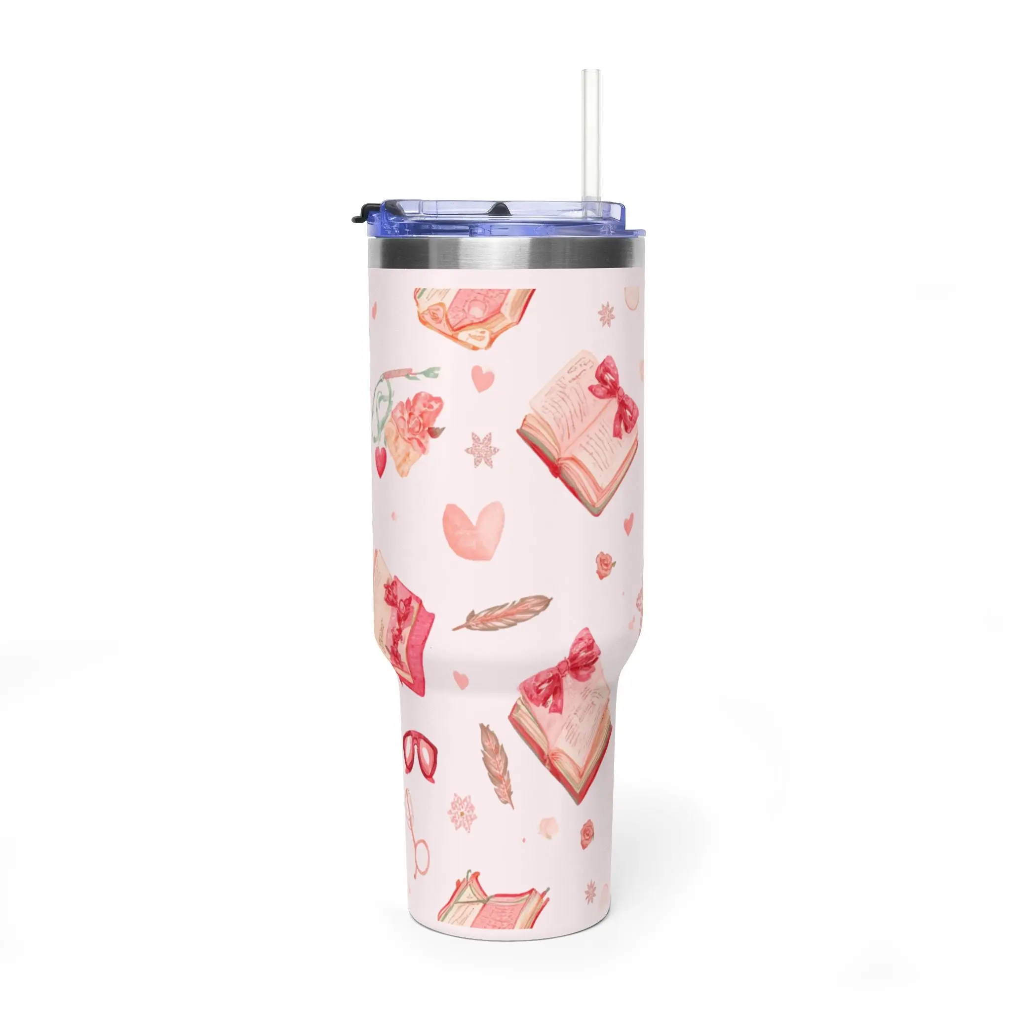40oz Pink Booklover Vacuum Insulated Flask - Printed Floral Hearts, Reading Icons Drinkware with Lid, Flasks, Insulation