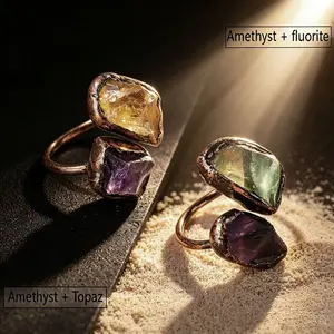 Natural Amethyst Topaz Adjustable Ring Retro Copper Statement Ring For Boho Style Lucky Energy Feng Shui Gift For Women
