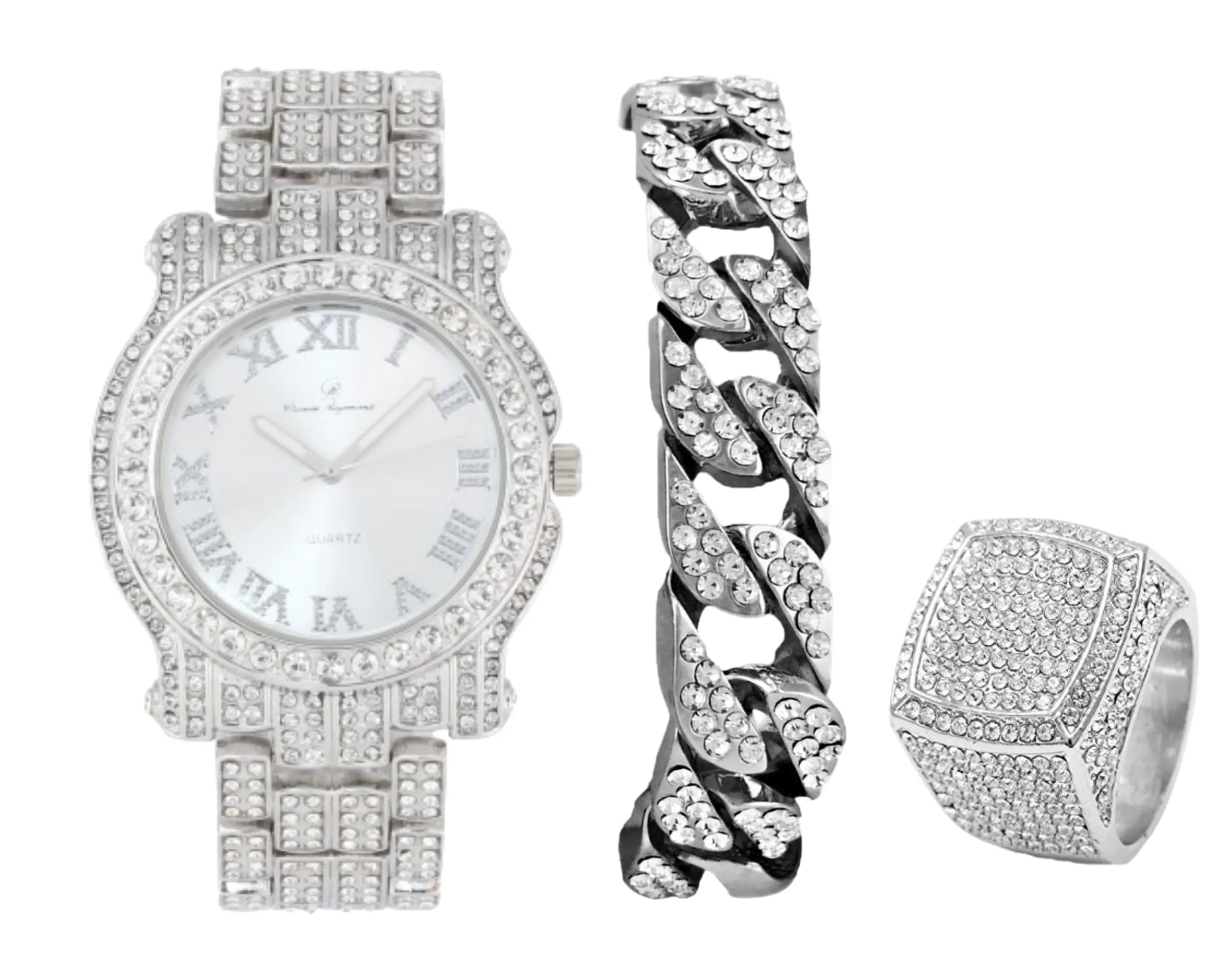 L0504 BR Men's 3pc Set Iced out Wrist Watch with Roman Numerals, Iced King Ring, Cuban Bracelet, Bling-Out Design, Rhinestone Accents
