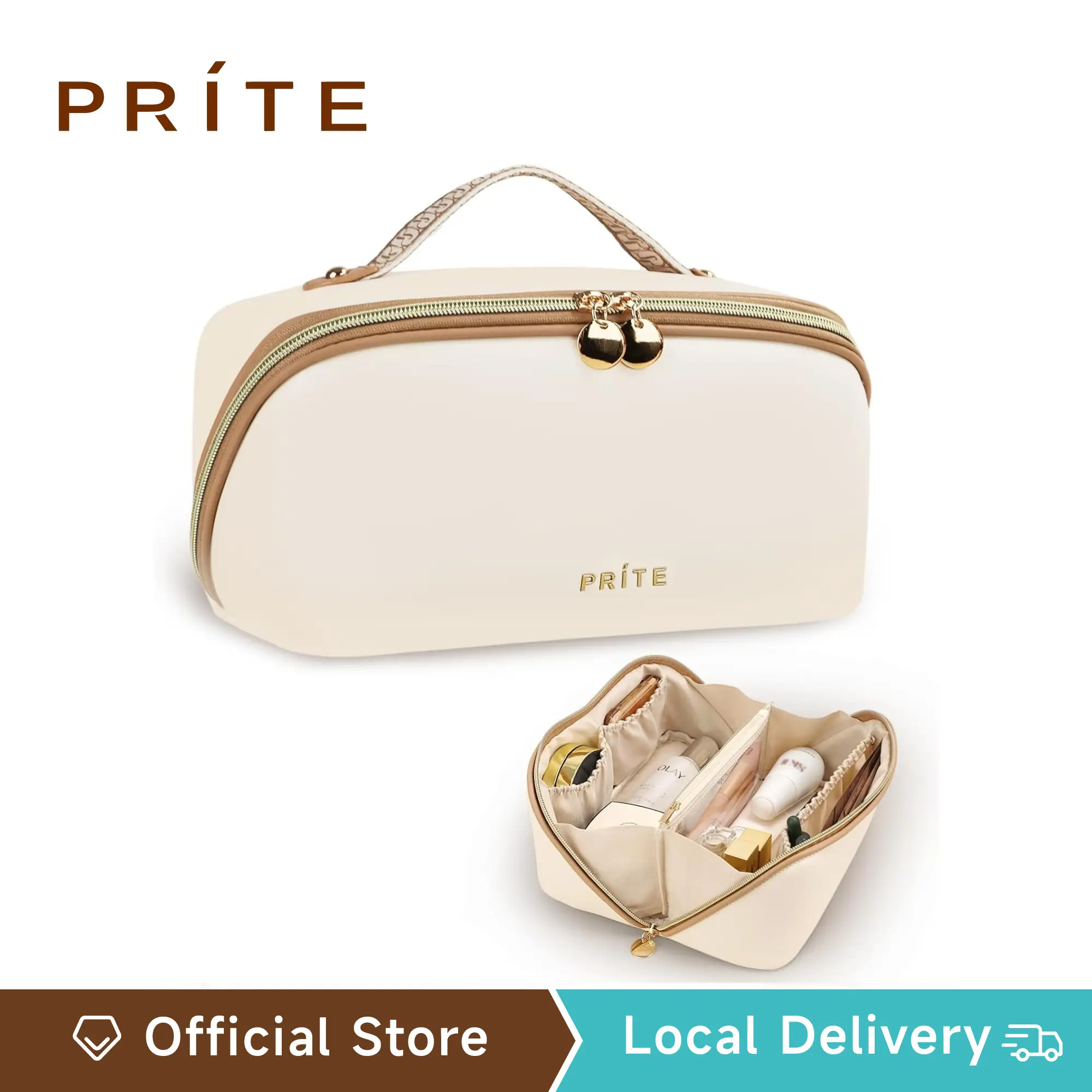 PRITE Waterproof Makeup Bag for Women Travel Vegan Leather Open Flat Cosmetic Bag with Clear Divider and Handle Zip Closure