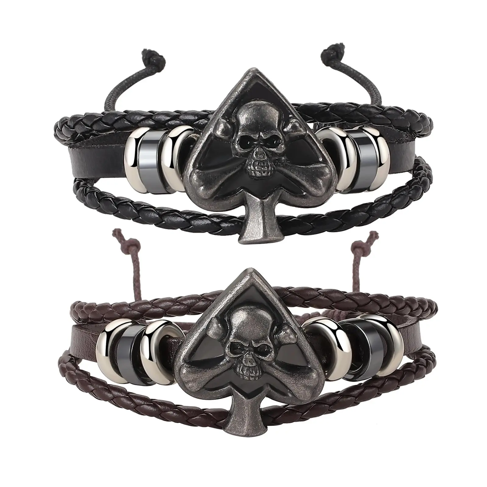 OIDEA 2-Pack Men's Ace of Spades Skull Poker Card Braided Leather Bracelet Set, Adjustable Vintage Hip-Hop Cuff in Brown and Black