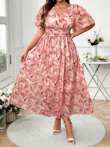 Women's Plus Size Spring Summer Fashion Casual Elegant Lightweight Chiffon Floral Print Dress, Stylish and Comfortable, Perfect for Daily Wear