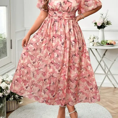 Women's Plus Size Spring & Summer Fashionable Casual Elegant Lightweight Chiffon Floral Print Dress, Stylish and Comfortable, Ideal for Daily Wear, Boho Floral Printed