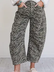 Viral Zebra Print Wide Leg Barrel Jeans for Women - Trendy Mid-Rise Animal Print Cropped Pants #barreljeans #zebraprint #tiktokfashion #ootd #fallstyle