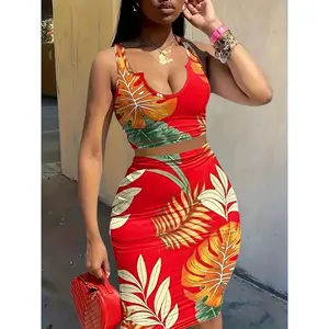 Tropical Print Vacation Two-piece Set, Sleeveless Tank Top & Bag Hip Midi Skirts Outfits, Women's Clothing Black Suits