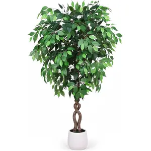 Artificial Ficus Tree-5FT Faux Tree with Natural Curved Trunks and White Pot, Lush Fake Silk Tree Artificial Plants for Indoor Home Decor, Living Room Bedroom, Office & Patio