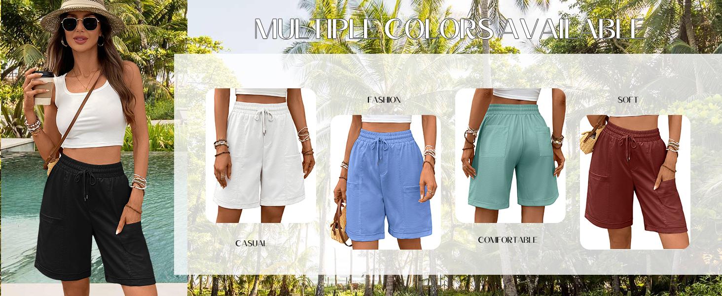 Women's Bermuda Long Shorts Summer 8'' High Waisted Casual Sports Short Elastic Drawstring Pull On Short with Pocket