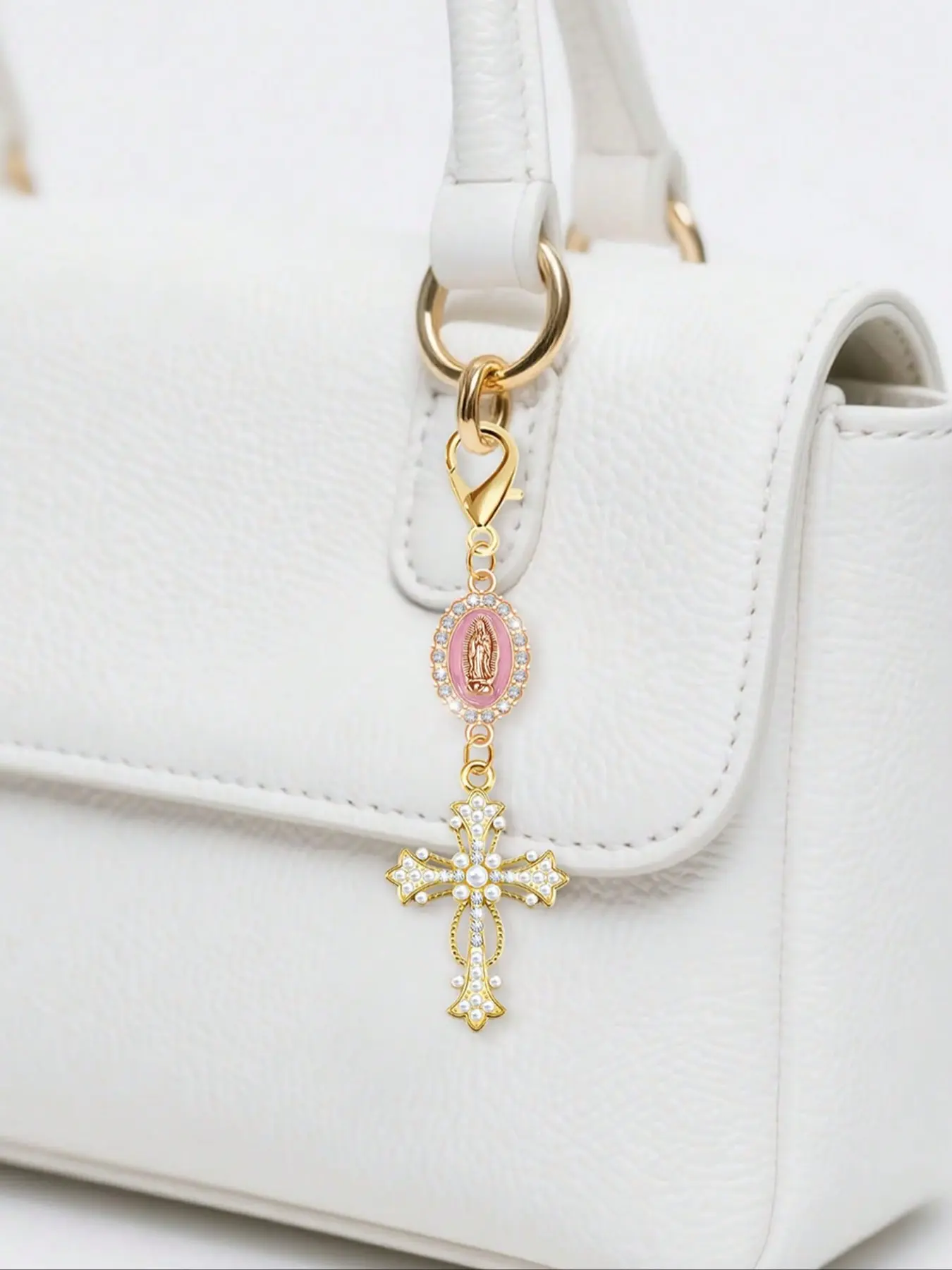 Christian-themed cross, pearl, and diamond amulet keychain, cross keychain, bag charm, wallet and backpack decoration, Purse Charm, Backpack Accessories, Backpack Bag Charms