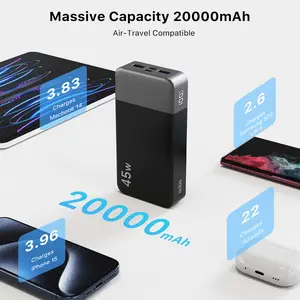 Nobis Power Bank 20000mAh 45W Portable Charger for iPhone 15 14 13 Series, MacBook, Galaxy, iPad, Fast Charging, Black Smartphone
