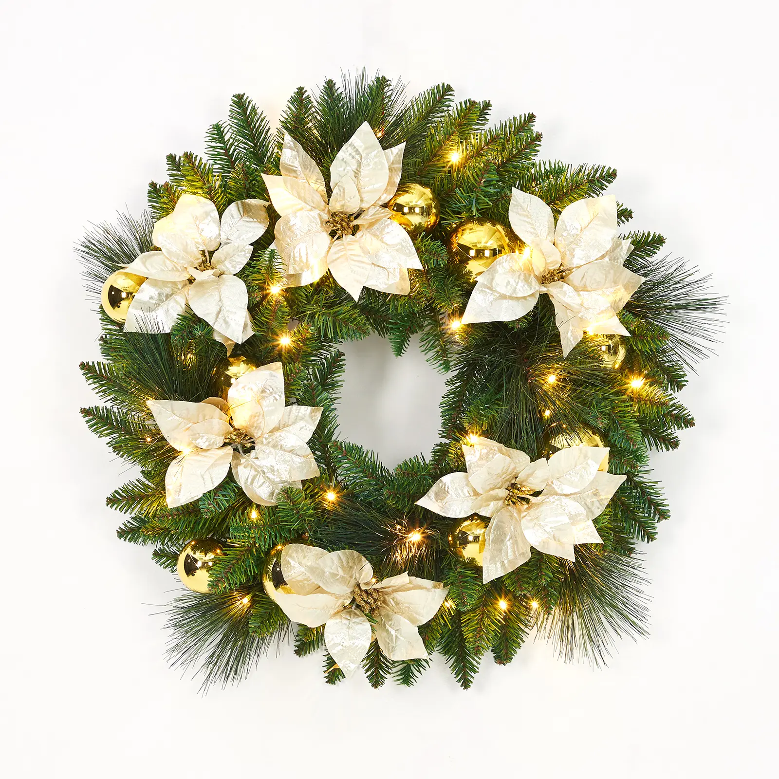 24 Inch Pre-Lit Gold Christmas Wreath, Lighted Front Door Wreath with Cypress Leaves and Christmas Balls, Indoor Outdoor Holiday Decor for Door, Window & Home