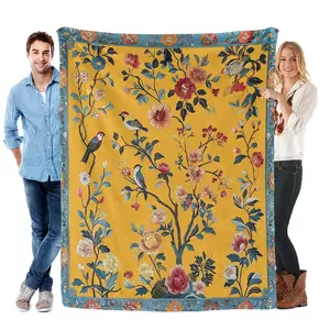 Vintage Floral Bird Blanket Yellow Cottagecore Throw Soft Cozy Fleece Blanket Botanical Nature Bedding Decorative Quilt Gift for Sofa Bed Couch Bedroom Home Decor