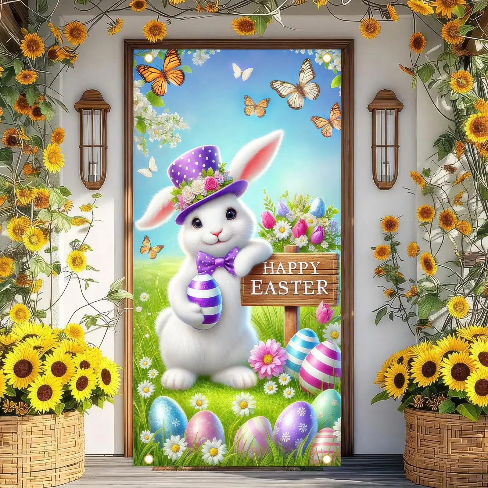 2D flat banner Happy Easter Door Cover, Easter Bunny Door Cover, Easter Spring Eggs Background Door Cover, Party Outdoor Indoor Home Decor, Holiday Parties, Birthday Decorations, Party Decorations Banners, Cartoon Animal Theme