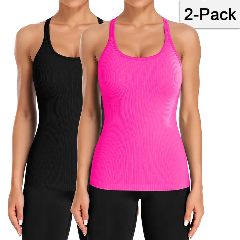 ATTRACO 2 Pack Ribbed Workout Tank Top with Built in Bra for Women Tight Fit Seamless Yoga Top