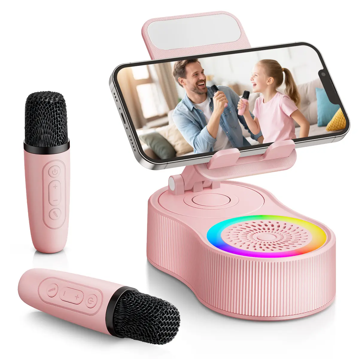 IMOLI Portable Folded Rechargeable KTV Karaoke Machine - 1500 mAh Batteries, Wireless Bluetooth Speaker, 1/2 Mic Duet Ready, Adjustable Angle Phone Holder, Colorful Ambient Light for Phones/Tablets (Cable-Free Fun Music Setup)