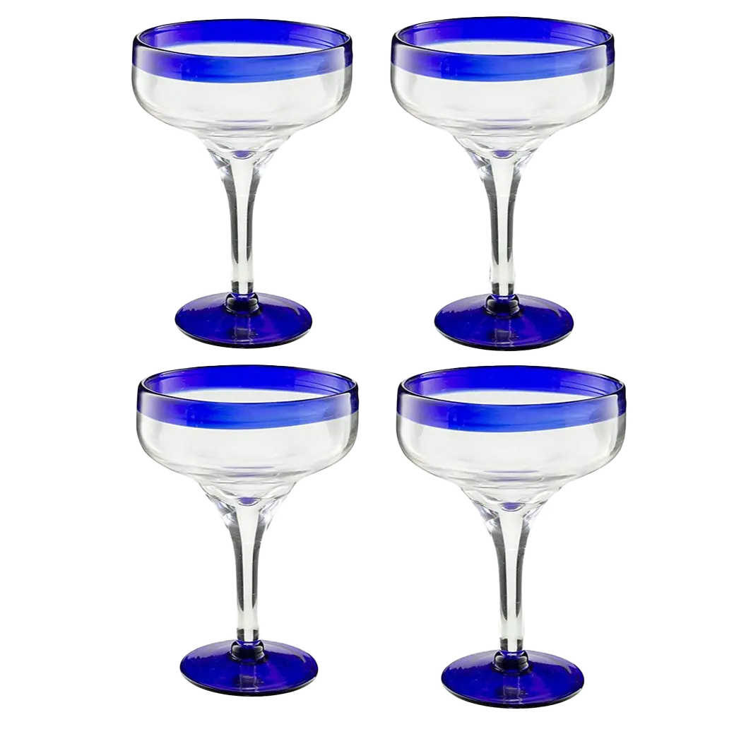 Mexican Hand Blown Glass – Set of 4 Large 16oz, Cobalt Blue Rim Line, Luxury Margarita & Cocktail Glasses, Mexico Design Large 16oz Cobalt Cinco de Mayo - The Wine Savant, Dishwasher Safe Glassware
