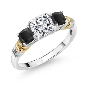 925 Sterling Silver and 10K Yellow Gold IGI Certified Lab Grown Diamond and Onyx 3 Stone Ring For Women | 1.60 Cttw | Center 1 Ct Cushion Diamond | E-F Color | VS1-VS2 Clarity