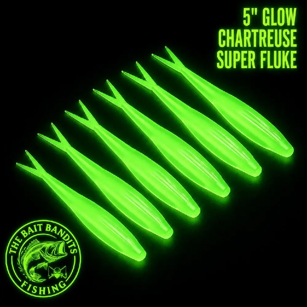 The Bait Bandits 5” Glow Chartreuse Super Fluke Soft Plastic Fishing Lure – Bass Bait (6 Ct) elec RIC reel )