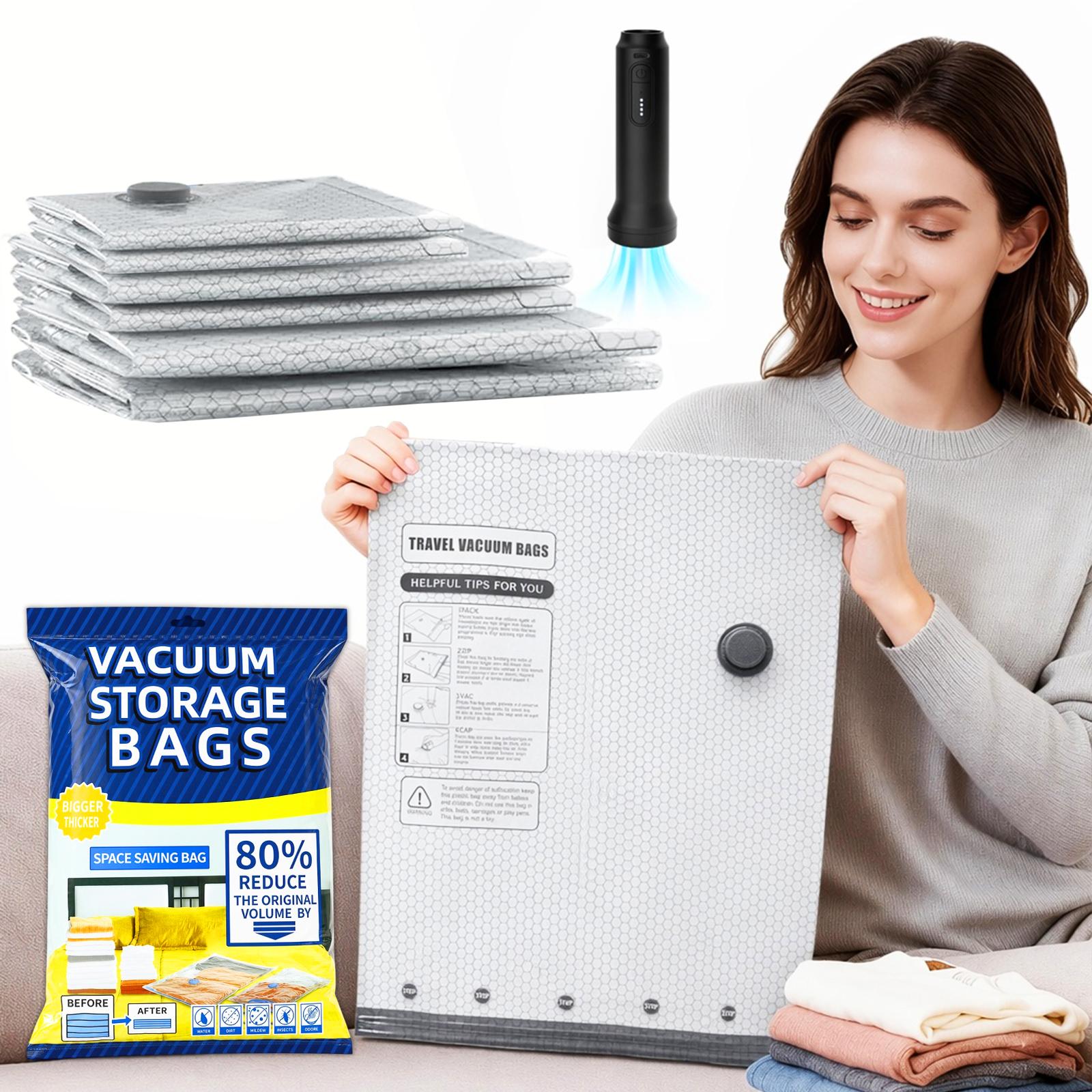Cordless Travel Vacuum Compression Bag Set for Carry-On Suitcases (Electric Pump)Compressible Travel Bags, Vacuum Packing Kits, Luggage Packing Organiser