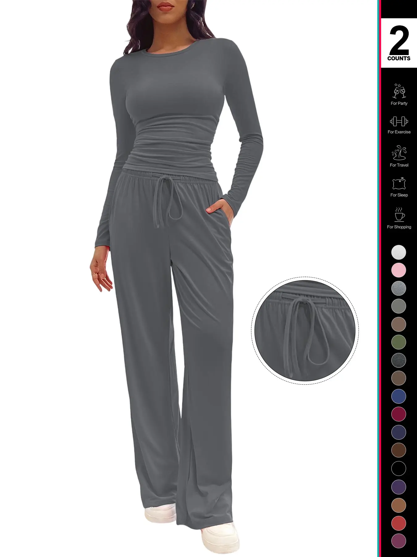 Women's Solid Ruched Drawstring Loungewear Set, Casual Fit Long Sleeve Round Neck Top & Pocket Wide Leg Trousers, Ladies Sleepwear for All Seasons Women's Solid Ruched Drawstring Loungewear Set, Casual Fit Long Sleeve Round Neck Top & Pocket Wide Leg Trousers, Ladies Sleepwear for All Seasons