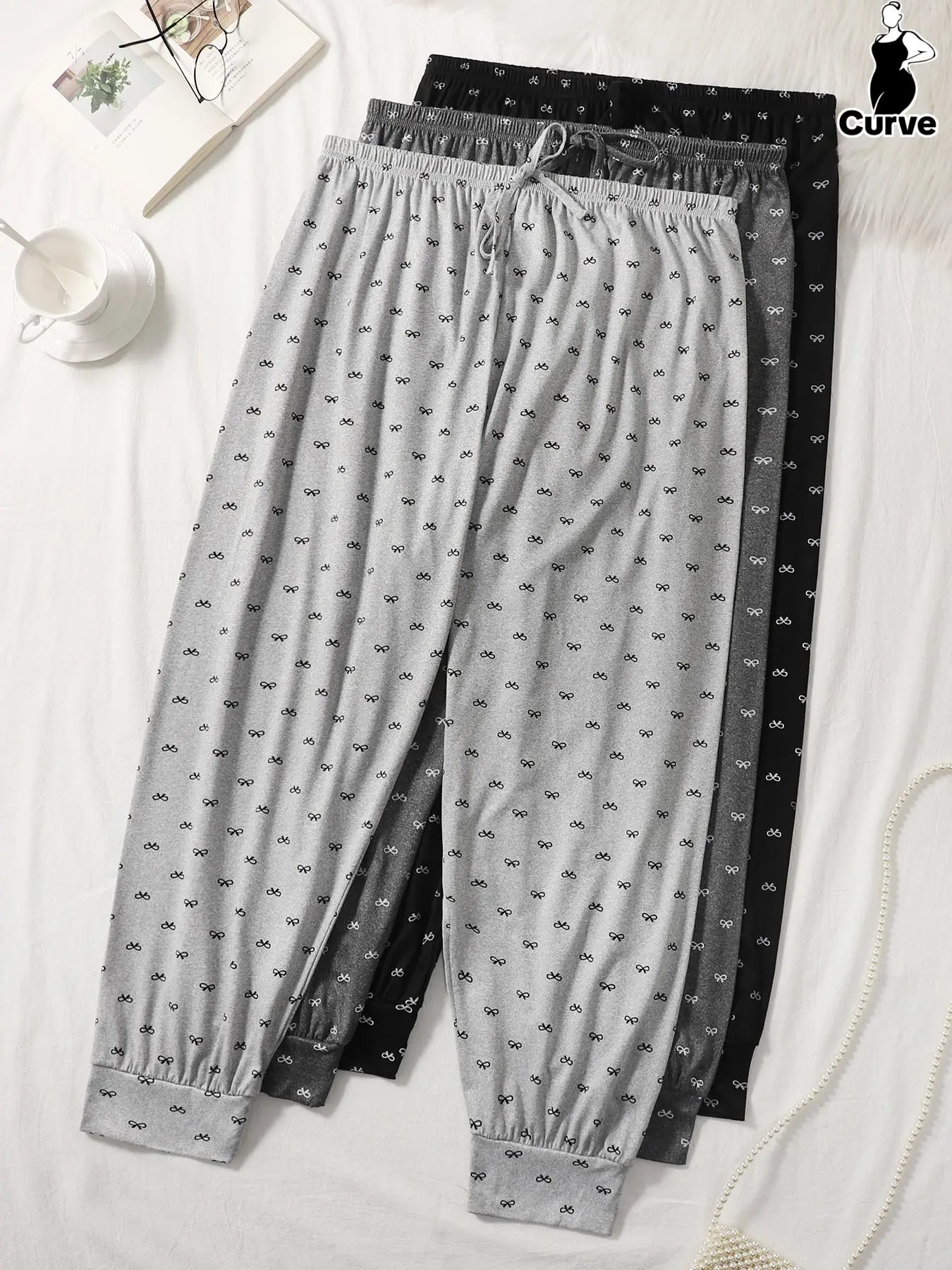 Plus Size Women's All Over Bow Print Knot Front Elastic Waist Knit Pajama Pants Pjs, Loose Fit Everyday Casual Comfy Breathable Jogger Pants for Daily Home Wear, Women's Sleepwear for All Seasons, Loose Fit Nightwear, Loungewear, Homewear, Womenswear