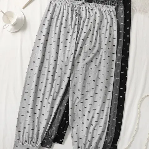 Plus Size Women's All Over Bow Print Knot Front Elastic Waist Knit Pajama Pants, Pj Bottoms, Loose Fit Everyday Casual Comfy Breathable Jogger Pants for Daily Home Wear, Women's Sleepwear for All Seasons, Nightwear, Loungewear, Homewear