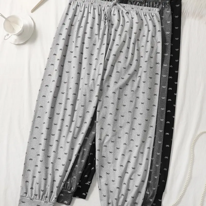 Plus Size Women's All Over Bow Print Knot Front Elastic Waist Knit Pajama Pants, Pj Bottoms, Loose Fit Everyday Casual Comfy Breathable Jogger Pants for Daily Home Wear, Women's Sleepwear for All Seasons, Nightwear, Loungewear, Homewear