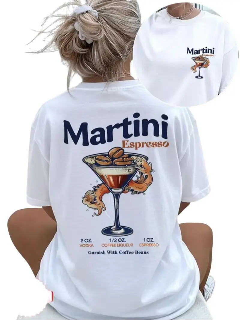 Men's Espresso Martini Cocktail Recipe Print T-Shirt - 100% Cotton, Breathable, Fitted Short-Sleeve Tee, Casual Everyday Beach Top (Ideal for Pairing with Skirts), Tshirt