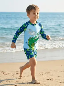 Long Sleeve Sun Protection Swimwear Set, Boy Cartoon Crocodile Print One-Piece Swimsuit, Beach Swimming Diving Suit, Blue Pattern