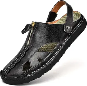 Mens Closed Toe Leather Sandals Outdoor Adjustable Anti-Slip Beach Sandals Summer Casual Fisherman Walking Sandals