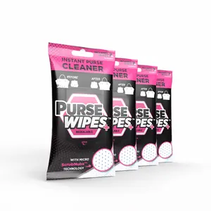 PurseWIPES+ 4-Pack, Travel Size Bag Cleaning Wet Wipes, Instant Purse Cleaner, 7 Wipes per pack