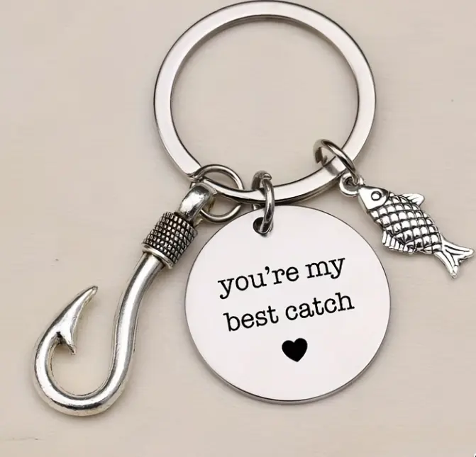 "You're My Best Catch" Circular Pendant Keychain - Stainless Steel Fish Hook, Chain-Attached, Sea-Themed Romantic Fashion Accessory, Ideal Gift for Fishing Enthusiasts & Boyfriends, Chain-Attached Keychains, Circular Pendant Keychains