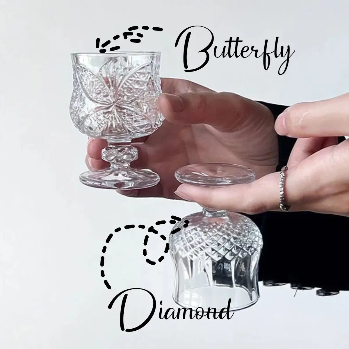 Mini Crystal Glass Cup (1 Pack), Short Handle Whiskey Cup, Butterfly and Diamond Patterns, Ideal for Parties, Weddings, Bars, Daily Use, Clubs