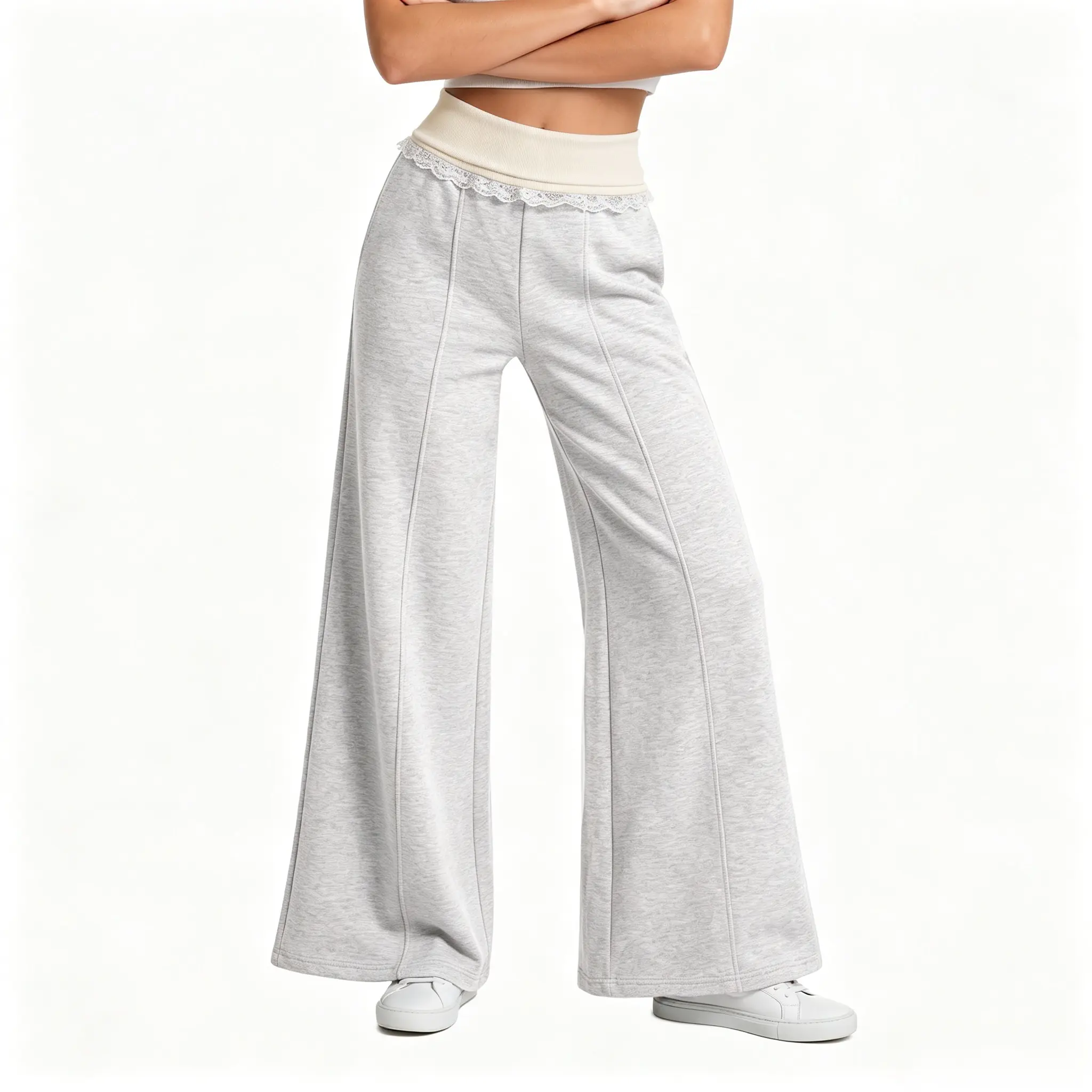 EMMIOL Wide Leg Sweatpants Women Foldover Lace Trim Baggy Lounge Pants | Stretchy Yoga Pants,Y2K Look,Back to School Outfits