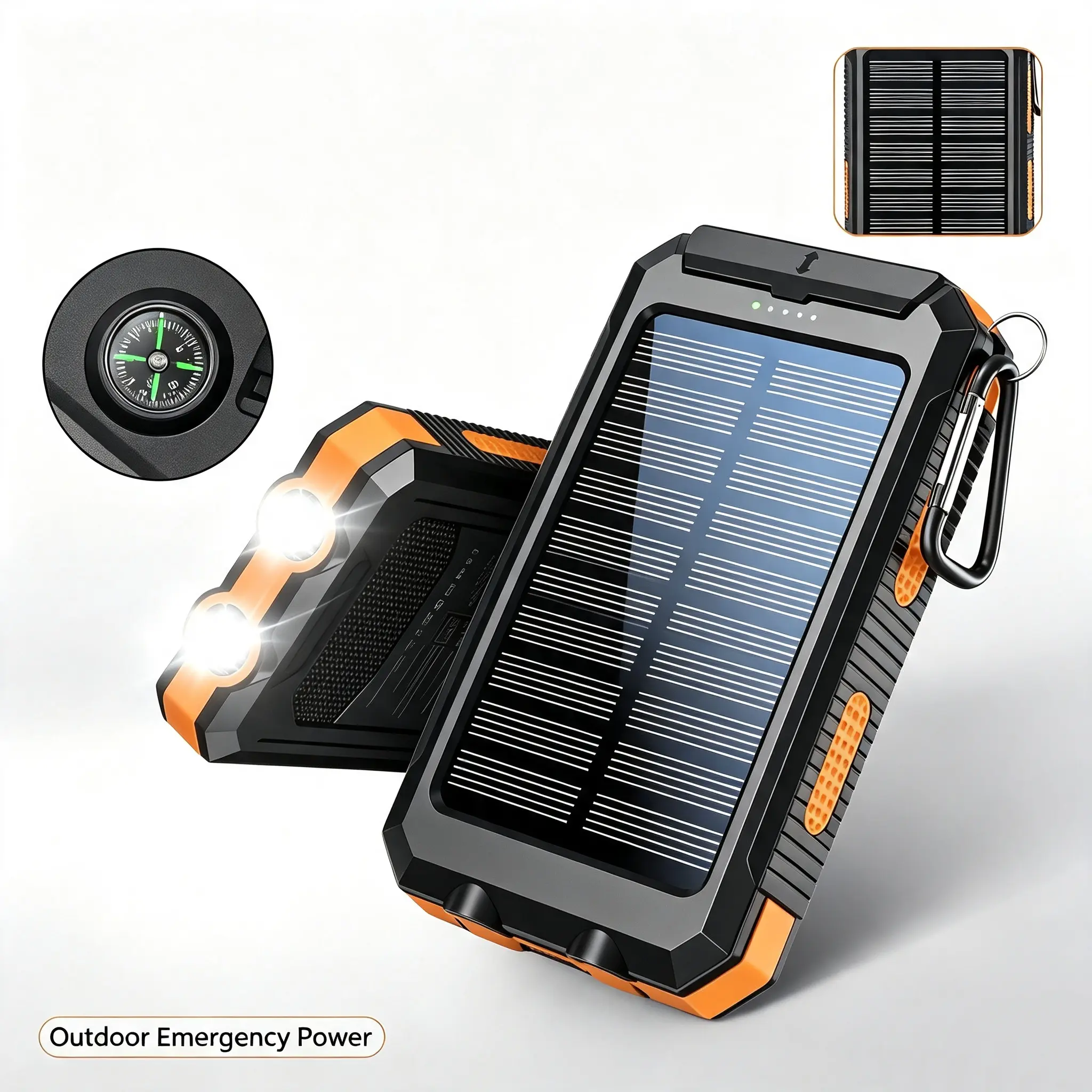 10000mAh Solar Power Bank, Camping External Battery Charger, 3USB/LED Flashlight with Compass for Outdoor Activities.