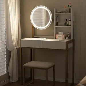 Saiveina Small Vanity Desk with Mirror and Lights, Makeup Vanity Table with LED Mirror, 3 Lighting Modes, Power Outlet, Drawer, Open Shelves and Cushioned Stool for Bedroom (White and Gold)