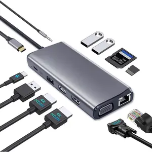 Laptop USB C Docking Station Dual ,HDMI 4K/60Hz Multiport Adapter 11 in 1 USB C Hub, Thunderbolt Dock Triple Display with 2 HDMI+VGA,RJ45 Ethernet,100W PD,3 USB for MacBook