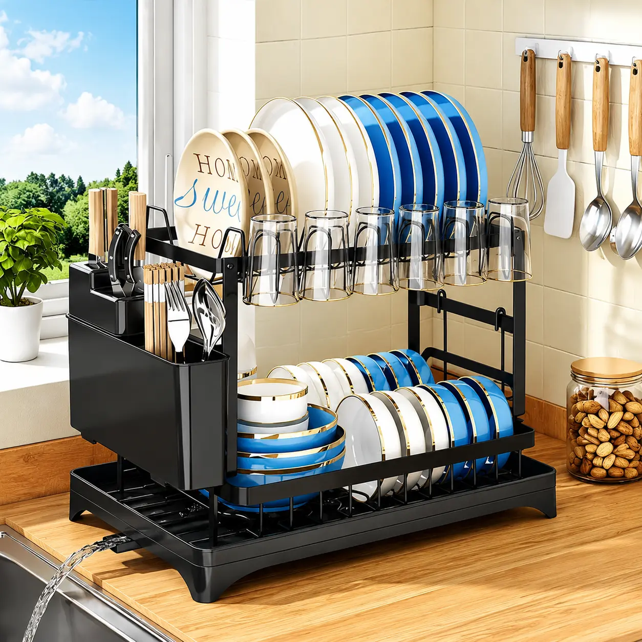 2-Layer Dish Drainer with Drainboard - Durable Rustproof Metal Kitchen Organizer, Large Capacity Countertop/Sink Bowl Rack with Utensil & Cup Holder, Easy Assembly & Cleaning, Tool/Screw-Free Kitchen Accessories (12in D × 16.6in W × 13in H)
